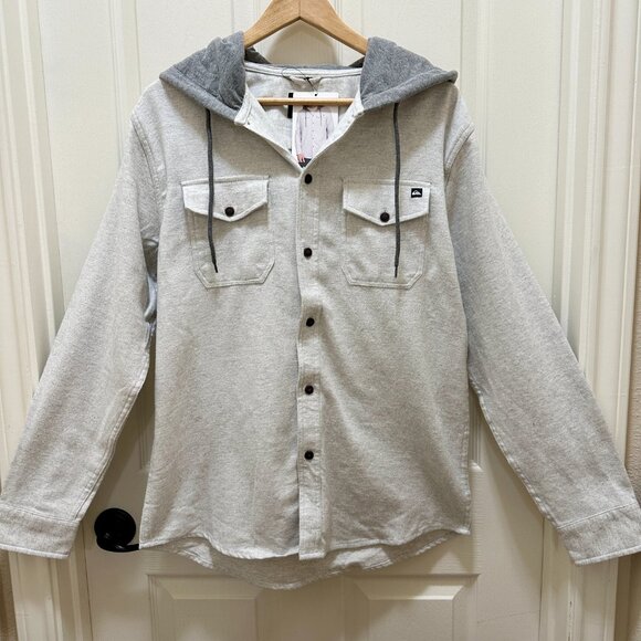 New Quiksilver Hooded Buttoned Flannel Shirt Men's Size M Gray Plaid Y2K Grunge - Picture 3 of 13